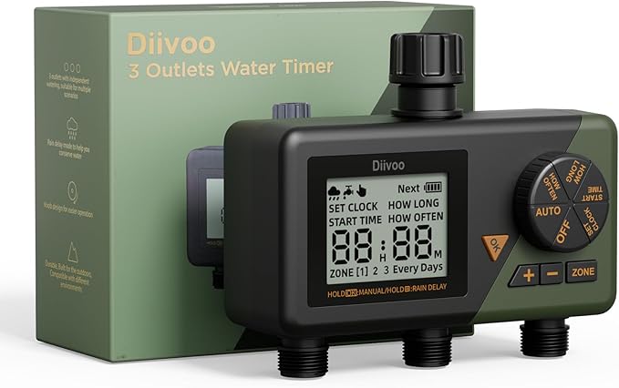 Diivoo Sprinkler Timer 3 Zone, Water Hose Timer 3 Outlet for Garden, Programmable Automatic Irrigation Timer with Rain Delay and Manual/Auto Mode Watering IP54 for Lawn, Yard, Pool