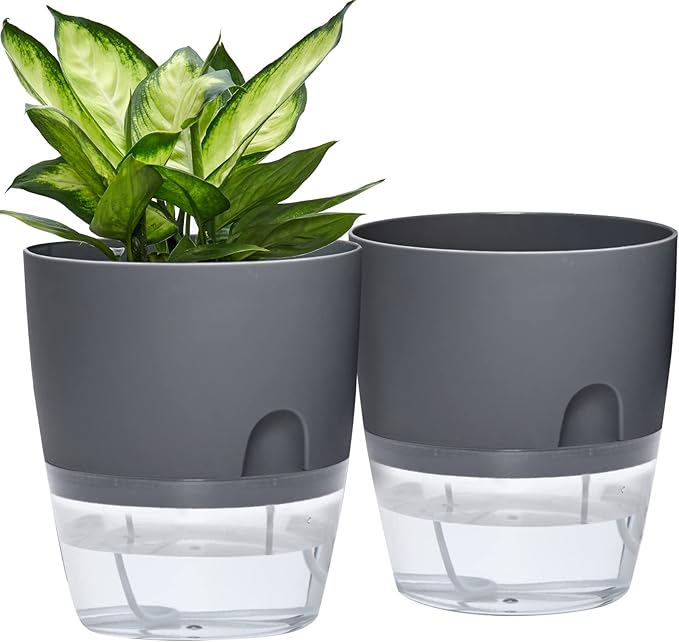 Self Watering Planter for Indoor Plants, 2 Pack 9.3 Inch Flower Pot Modern Decorative Plastic Planter with Extra Large Water Storage for All House Plants, Flowers, Herbs(Gray)