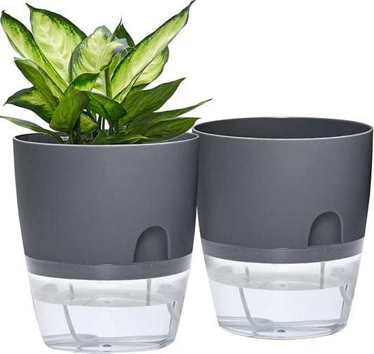 Self Watering Planter for Indoor Plants, 2 Pack 9.3 Inch Flower Pot Modern Decorative Plastic Planter with Extra Large Water Storage for All House Plants, Flowers, Herbs(Gray)