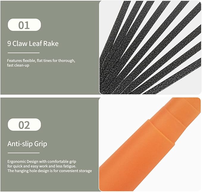 Mini Garden Rake 16 Inch 9 Root Steel Hand Fan Leaf Rake with Ergonomic Comfort Grip & Rust Resistant - Professional Gardening Tool