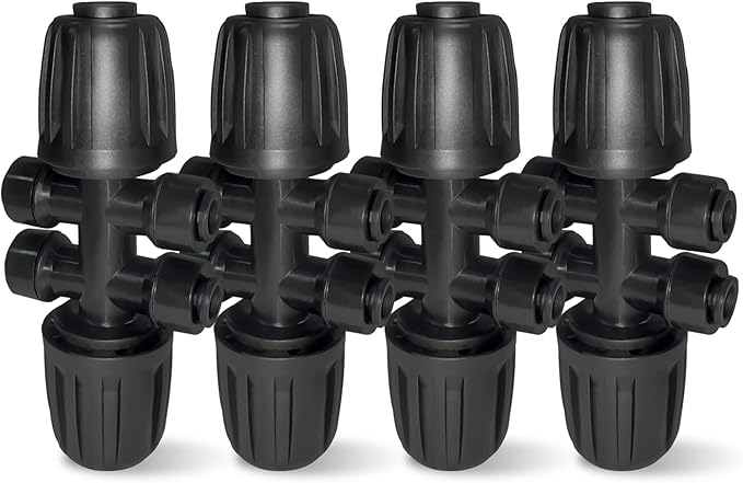 4 Pack 1/2'' to 1/4'' Drip Irrigation Fittings, Push-to-Fit 6 Way Drip Irrigation Part Barbed Tee Connectors, Anti-Leak Locked Splitter Fitting for 1/2" Irrigation Tubing (0.6''-0.67''OD)