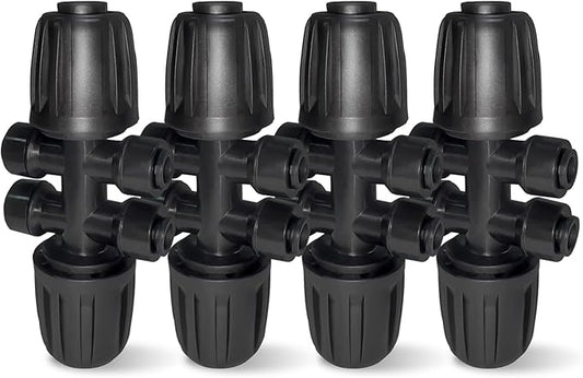 4 Pack 1/2'' to 1/4'' Drip Irrigation Fittings, Push-to-Fit 6 Way Drip Irrigation Part Barbed Tee Connectors, Anti-Leak Locked Splitter Fitting for 1/2" Irrigation Tubing (0.6''-0.67''OD)