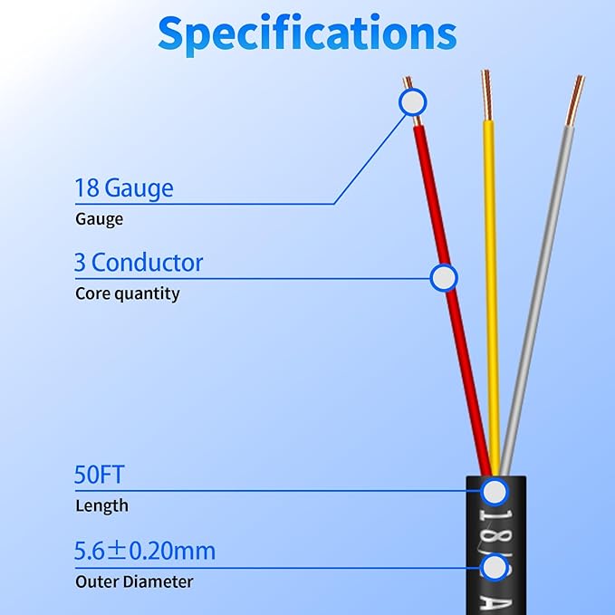 18/3 Solid Sprinkler System Wire 50ft, 18 Gauge Irrigation Wires PVC Jacket Sprinkler Cable for Underground Irrigation Valves Field Central Control System