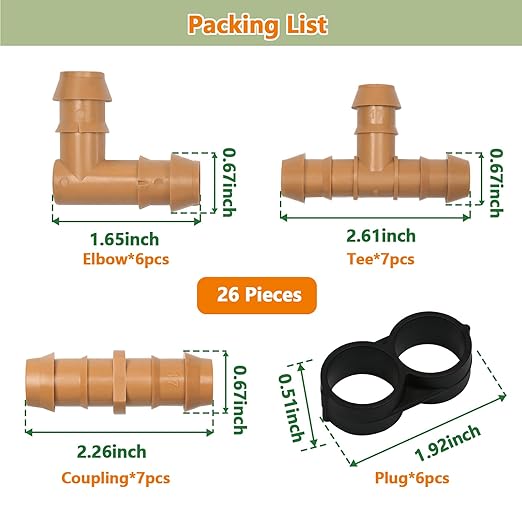 26 Pieces Drip Irrigation Fittings Kit for 1/2 Inch Tubing, Drip Irrigation Parts for Drip Sprinkler System- 7 Couplings, 7 Tees, 6 Elbows, 6 Plugs Drip Line Connectors