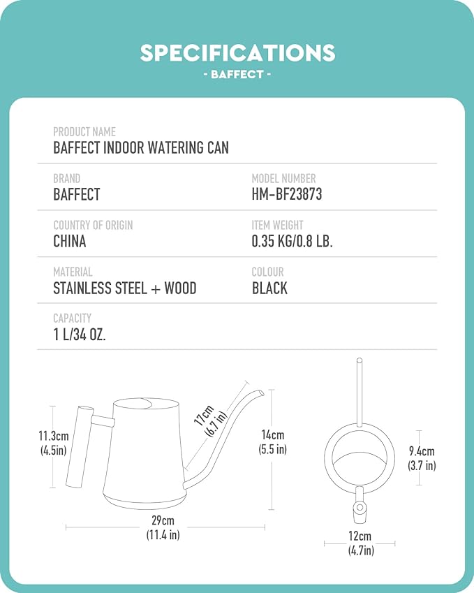 Baffect Indoor Watering Can, 1L/34OZ Metal Houseplant Watering Can with Wooden Handle, Curved Design Watering Can with Long Spout for Small Potted Plants (Black)