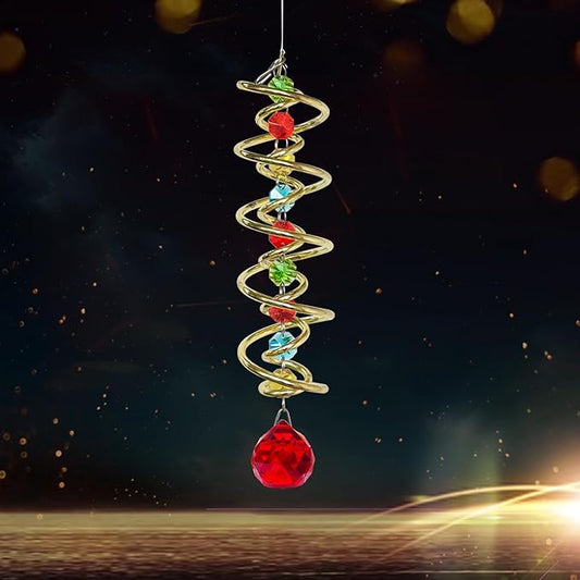 FONMY Gazing Ball Spiral Tail -Decorative Wind Spinner Sun Catcher Rainbow Maker Golden Double-Spiral W/Red Crystal Ball and Chain Crystals Beads for Indoor Outdoor Garden Decoration -14 inch Height