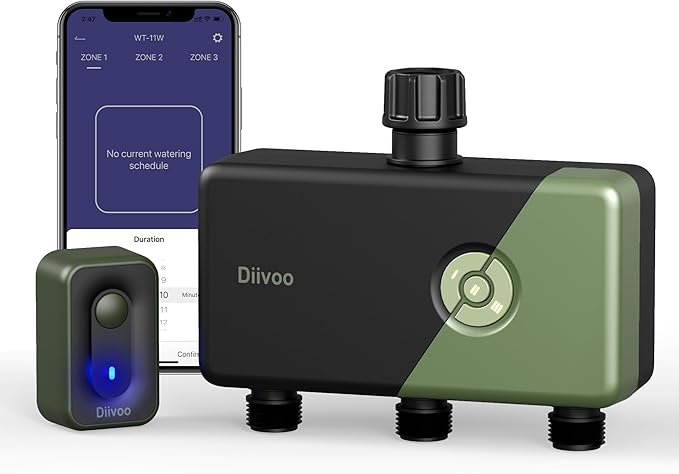 Diivoo WiFi Water Timer 3 Zone, Smart Sprinkler Hose Timer Compatible with Alexa and Google, Remote Control Irrigation Timer, Automatic Manual Watering, Rain Delay, for Garden, Lawns and Yards
