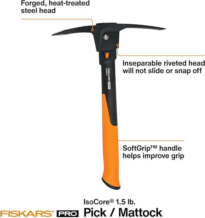 Fiskars IsoCore Pickaxe Mattock with Shock Absorbing Handle, 1.5 lb