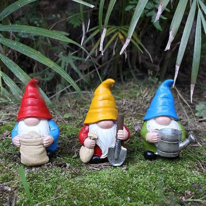 Set of 3 Mini Garden Gnome Statues - Resin Figurines for Indoor and Outdoor Decoration - Whimsical Mini Ornaments for Home, Patio, Yard, and Garden Decor