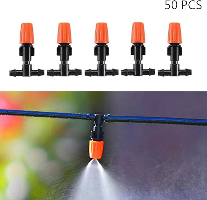 Three-Way Atomizing Nozzle 1/4 Inch, 50 Pcs Adjustable Micro Spray Irrigation Emitters, Drip Irrigation Parts Accessories for Patio Lawn Greenhouse Vegetable Irrigation Supplies