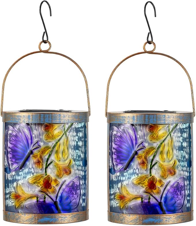 2 Pack Purple Butterfly Hanging Solar Lights for Outside Waterproof Glass Solar Lantern for Tabletop Garden Patio Decor