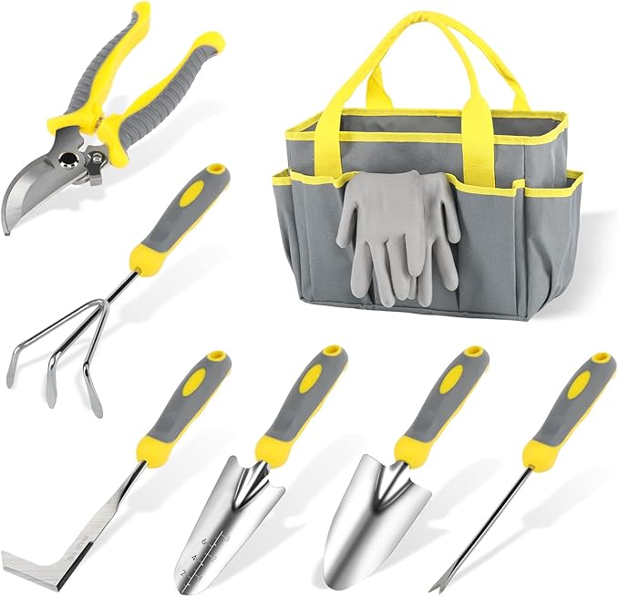 iPower Garden Tool Set, 8 Piece Heavy-Duty Stainless-Steel Garden Kit Includes Outdoor Hand Tools, Garden Gloves and Storage Tote Bag, Ergonomic Rubberized Non-Slip Handle