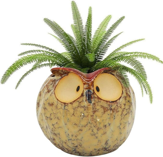 GeLive Owl Planter Ceramic Succulent Plant Pot Fun Animal Flower Container Decoration Tabletop Decor Windowsill Box with Drainage Hole (Round Owl Planter)