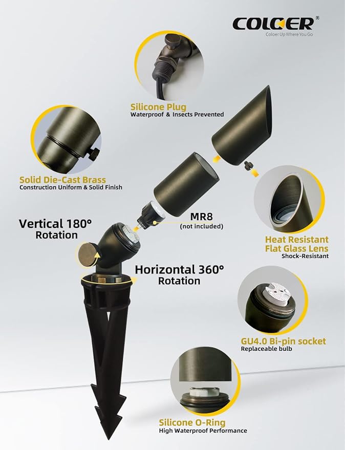 COLOER Mini Size Die-cast Brass Landscape SpotLights Outdoor,12Volt AC/DC Low Voltage LED Wired Landscape Lighting,IP65 Waterproof Outdoor Adjustable Yard Spot Light(104B,Bronze,6-Pack Without Bulb)