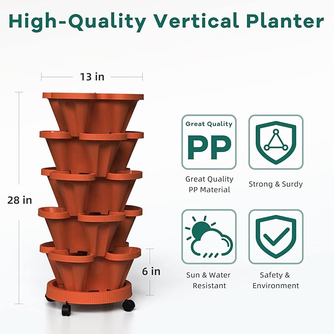 Strawberry Vertical Planter, 5 Tiered Stacking Garden Tower, Stackable Herb Vegetable Planters with Support Pole Indoor and Outdoor - Terra Cotta