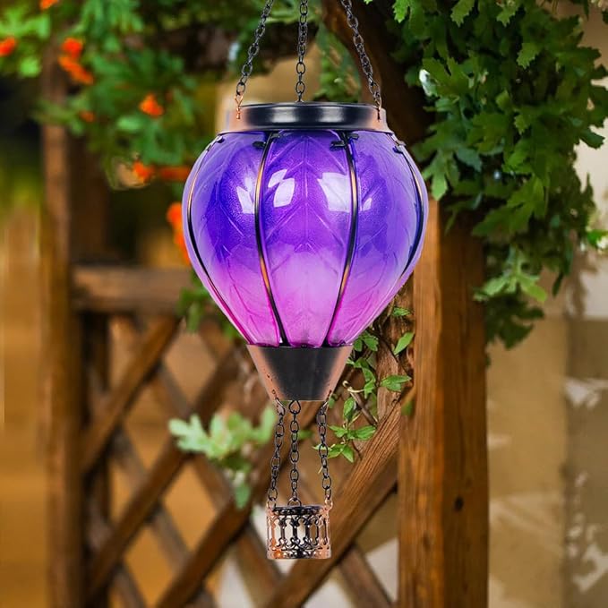 Starsoul Purple Hot Air Balloon Solar Lantern with Flickering Flame Light Glass Solar Powered Hot Air Balloon Lamp Waterproof Hanging Hot Air Balloon Led Lights