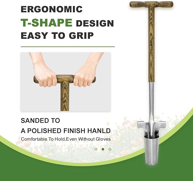 Long Handled Bulb Planter Tool, 37'' Bend-Proof Stainless Steel Bulb Planter, 4'' Depth Mark Long Handled Hole Digger, Bulb Planter with Comfortable T-Shape Long Wood Handle for Planting Tulip