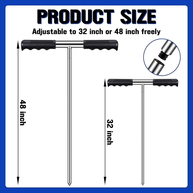 Kanayu Soil Probe Rod, 32-48 Inch Stainless Steel Septic Tank Locator Tool Adjustable Ground Rod with T Handle for Locating Underground Pipes and Gopher Runs, Gardening(48 Inch,Silver)