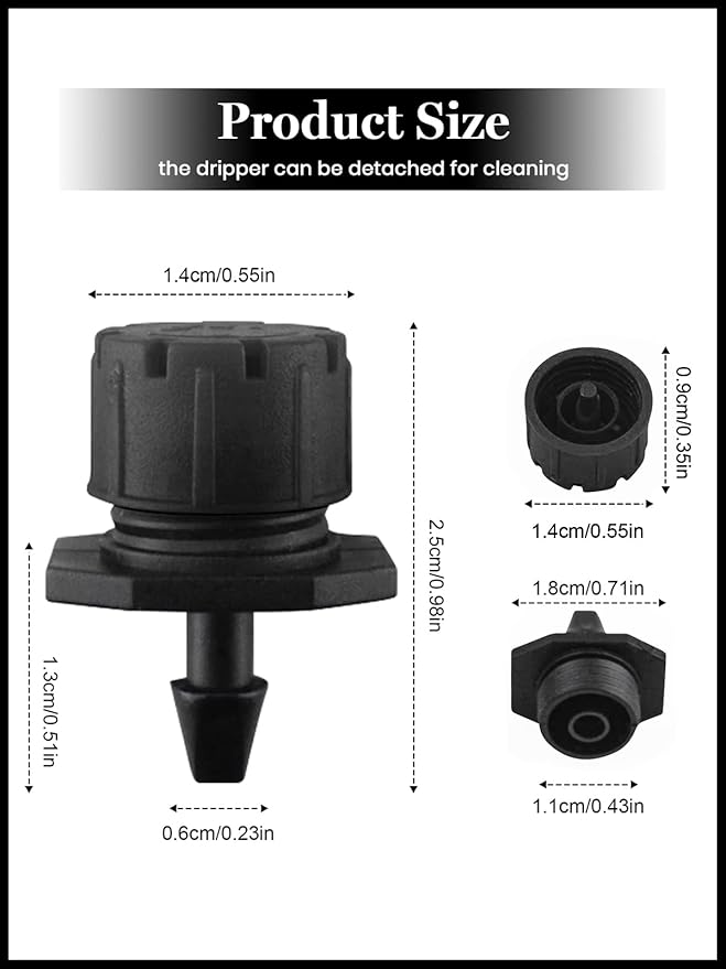 Kalolary 200Pcs Adjustable Irrigation Drippers, 1/4 Inch Barbed Drip Emitter 360 Degree Watering Sprinklers Anti-Clogging Drippers for 4mm/7mm Garden Watering System