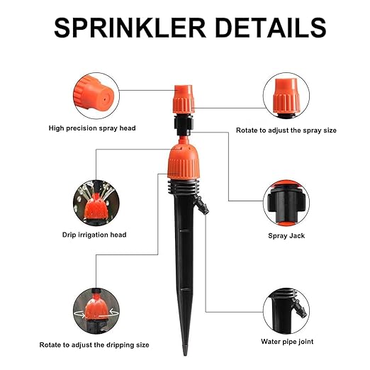 Drip Irrigation System,50FT Main Pipe and 16.4FT Branch Pipe,10 Adjustable Drippers with Piles,Quick Socket Connection.Plant Watering System of Garden Potted Elevated Garden Bed.(emitters with Piles)