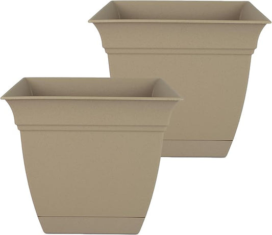 The HC Companies 10 Inch Eclipse Square Planter with Saucer – Indoor Outdoor Plant Pot for Flowers Vegetables Herbs, Sandstone (Pack of 2)