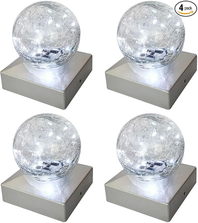 Solar Post Lights - Outdoor Post Cap Light for Fence Deck or Patio Garden Decoration- Solar Powered Gazing Ball Caps, LED Lighting, Lamp Fits 4x4 - White 4 Pack