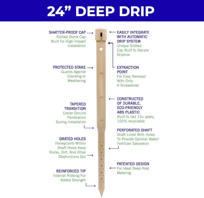 Underhill Deep Drip Irrigation Stakes 24-1/2-Inch, Case of 4 Watering Spikes for Trees with Medium Depth Roots, Drip System Parts Tubes, A-DD24