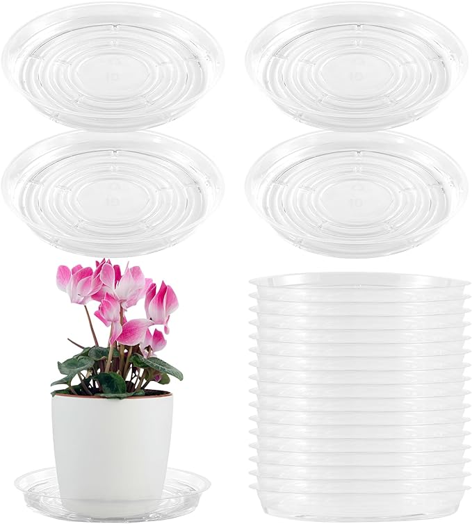 20 Pack Clear Plastic Plant Saucer 10 Inches Drip Trays Large Plant Plate Dish for Indoor Flower Pots and Planters, Bulk