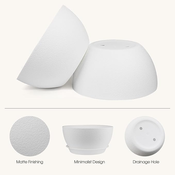 13 inch Plant Pots Pack of 2, Plastic Planter with Drainage Holes and Saucers, Plant pots for Indoor Outdoor Use, Flower Pots for All House Plants (White)