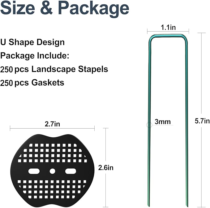 FOTMISHU Landscape Staples 5.7Inch 250Pcs Garden Stakes with 250pcs Gasket, Lawn Pins with Spray Coating Craft,11Gauge Anti-Rust Ground Yard Spikes Anchoring for Outdoor Tents Irrigation Hoses (Green)