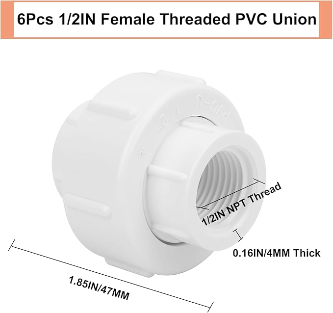 6Pcs 1/2Inch Female Threaded PVC Union Coupling Pipe Fitting (Female x Female) 1/2'' PVC FNPT Female Union Coupling Adapter for Sprinkler Pipe, Irrigation, Plumbing, Schedule 40, EPDM O-Ring