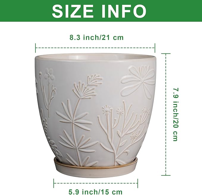 8 Inch Ceramic Pots for Plants Large Planter Pot with Drainage Hole and Saucer Round Flower Pot for Indoor Outdoor Decor, White