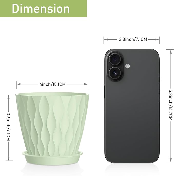 6 Pack 4 Inch Small Plant Pots with Saucers, 3D Textured Plastic Planters with Drainage Holes for Indoor and Outdoor Plants, Flowers, Herbs, Succulents, and Seedlings, Green