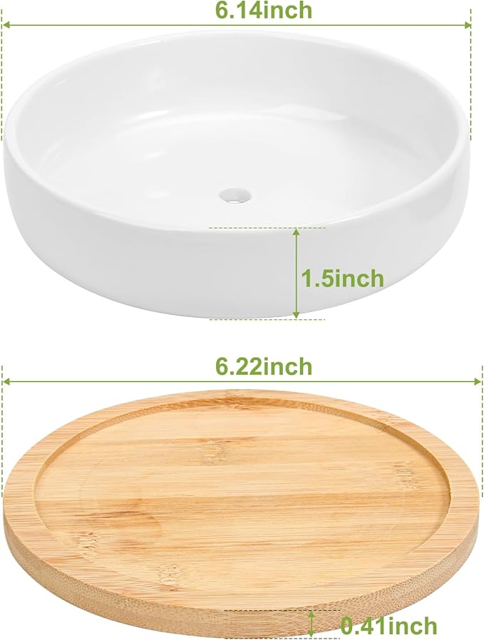 ZOUTOG Succulent Pots, 6 inch White Ceramic Flower Planter Pot with Bamboo Tray, Pack of 2 - Plants Not Included