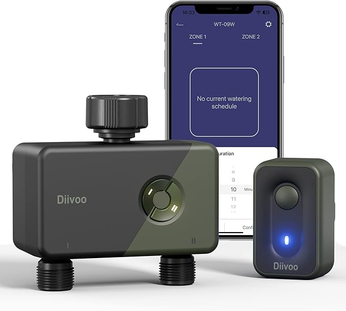 WiFi Sprinkler Timer 2 Zone, Diivoo Programmable Water Hose Timer 2 Outlet for Garden, Automatic Irrigation Timer IP54 with Rain Delay/Manual/Auto Mode, Outdoor Hose Timer Controller for Lawn, Yard