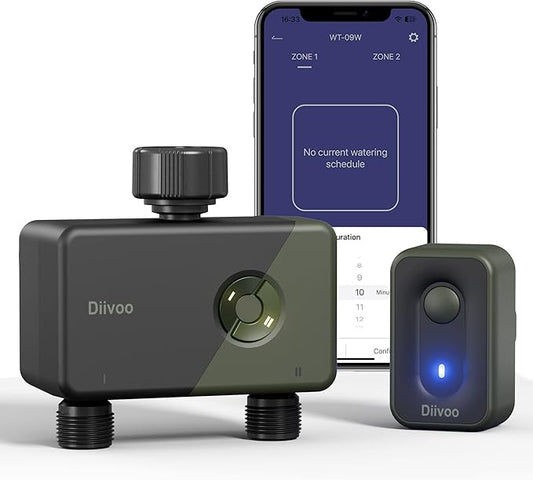 WiFi Sprinkler Timer 2 Zone, Diivoo Programmable Water Hose Timer 2 Outlet for Garden, Automatic Irrigation Timer IP54 with Rain Delay/Manual/Auto Mode, Outdoor Hose Timer Controller for Lawn, Yard