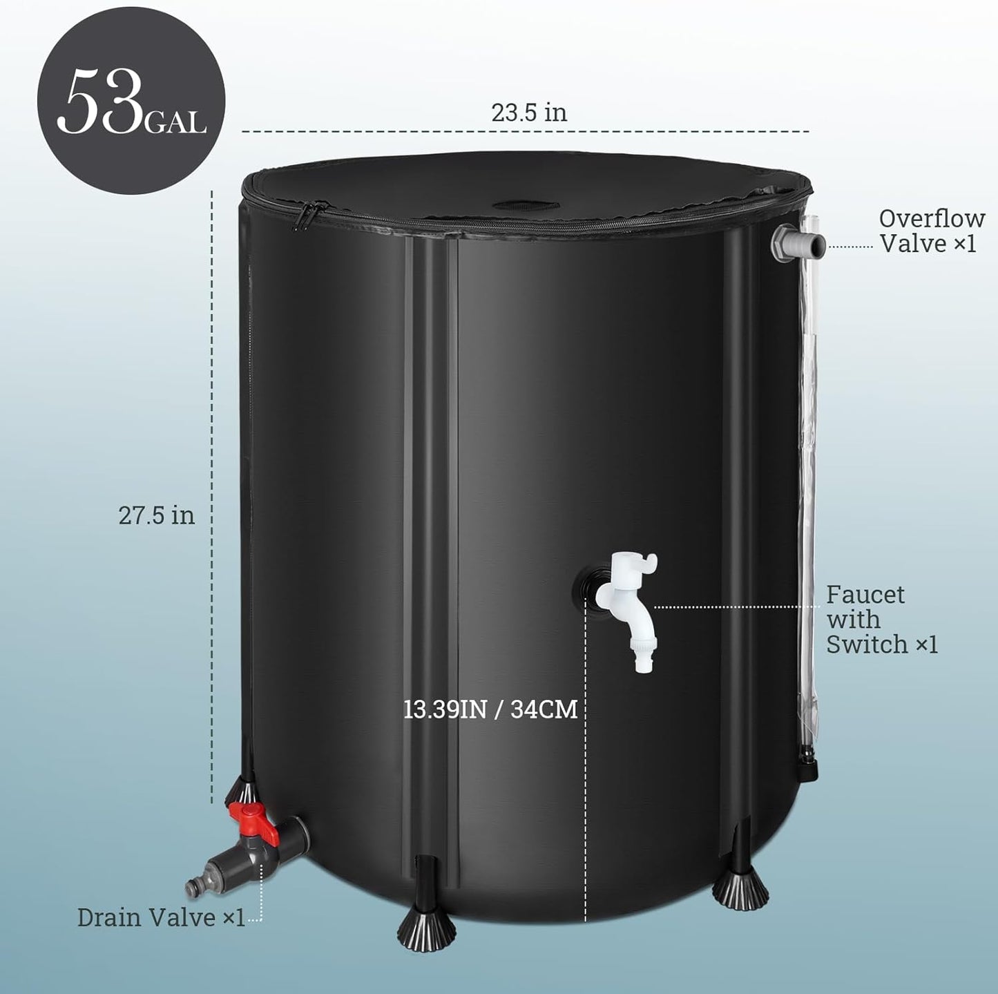 53 Gallon Collapsible Rain Barrel, SKM Portable Rain Water Collection Barrel for Garden/Outside/Lawn, PVC Rainwater Collection System Water Tank Storage Container with Spigots & Overflow Kit, Black