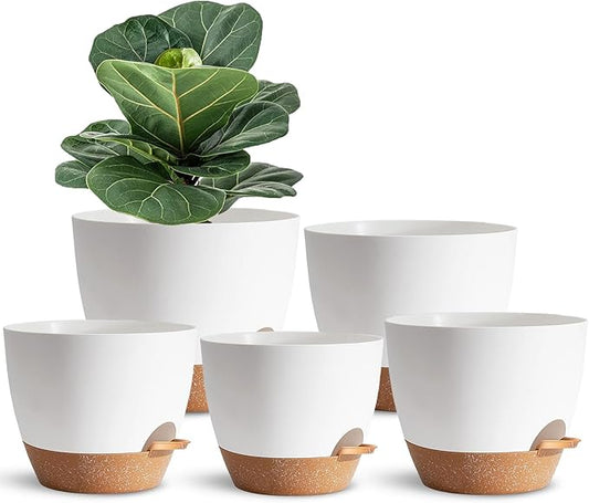 5Pack Self Watering Plant Pots for Lazy People, 7/6.5/6/5.5/5 Inch,White Plastic Self Watering Planter for All Houseplants,Succulent, African Violets,Snake Plants, Flowers and Cactus