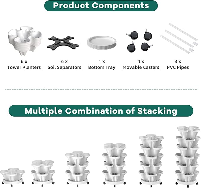 6 Tiered Strawberry Vertical Planters, Stacking Tower Garden with Support Pole, Stackable Herb Vegetable Planters Indoor and Outdoor - White