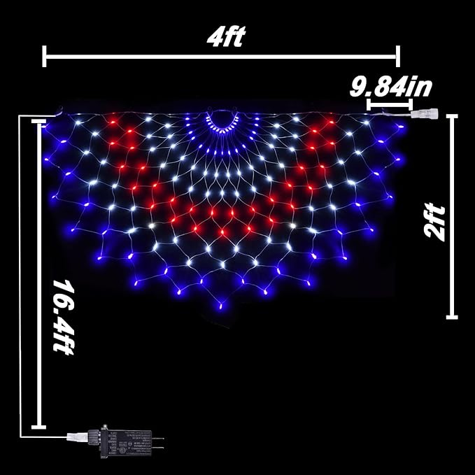 Leisure World LED American Flag Banner, 3 Pack 150 LED Half Fan Lights, 4 x 2 ft, 8 Modes Patriotic Outdoor Net for 4th of July, Christmas