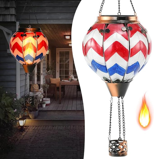 U.S Flag Hot Air Balloon Solar Lantern - Simulated Flickering Flame Stained Glass Light for Outdoor, Yard Hanging/ Waterproof IP65, Ideal 4th of July Gift for Patriot Veterans Patio Decor