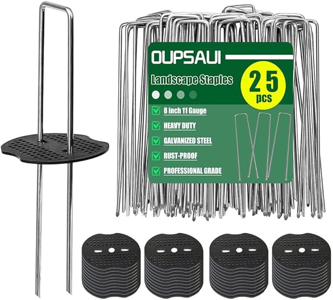 8 Inch 11 Gauge Galvanized Landscape Staples Stakes with Gaskets for Decoration, 25/50/100pcs Garden Metal Stakes for Weed Barrier Fabric, Fence Stakes, Tent Stakes(8in,25pcs)