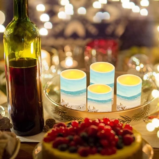 Beach Starfish Flameless Light Candles with 4H 8H Timer, Battery Operated Candles with 18-Key Remote Flickering Smokeless Pillar Candles-4PCS