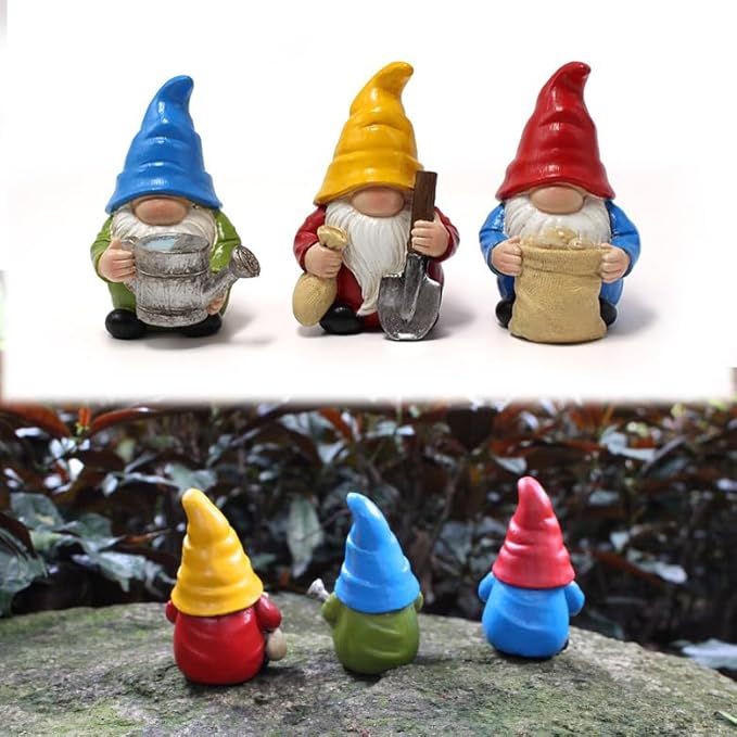 Set of 3 Mini Garden Gnome Statues - Resin Figurines for Indoor and Outdoor Decoration - Whimsical Mini Ornaments for Home, Patio, Yard, and Garden Decor