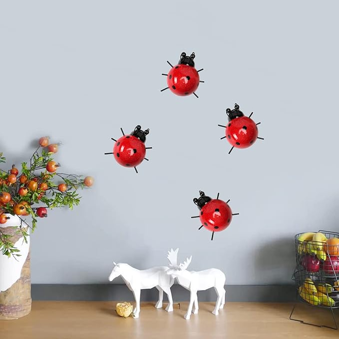 Metal Garden Decor for Outside Cute Ladybugs Yard Art Lawn Ornaments Wall Sculptures & Statues Outdoor Fence Decorations for Patio - Set of 4