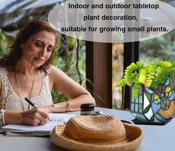 Tiffany Style Cute Cat Face Design Small Flower Pot, Unique Stained Glass Cat Planter, Tiltable Cat Decorative Flower Pot, Fun Peek-A-Boo Terrarium Decoration, Gift for Plant Women