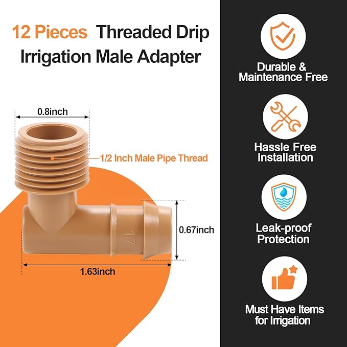 12 Pieces 1/2 Inch PVC to 1/2 Inch Drip Irrigation Adapter Fittings, 1/2" Male Pipe Thread(MPT) x 1/2" Drip Line Barbed Elbow Connectors 1/2-in PVC to 1/2-in Poly Tubing Adapter