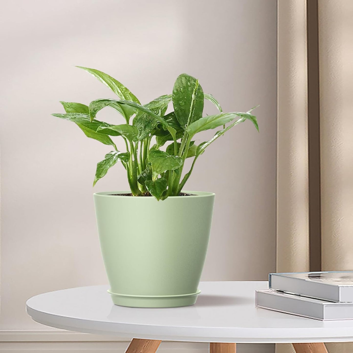 8 Pack 4 Inch Plant Pots with Drainage Holes and Saucers, Pots for Plant Indoor, Plastic Planters for Succulents and Small Plants, Green