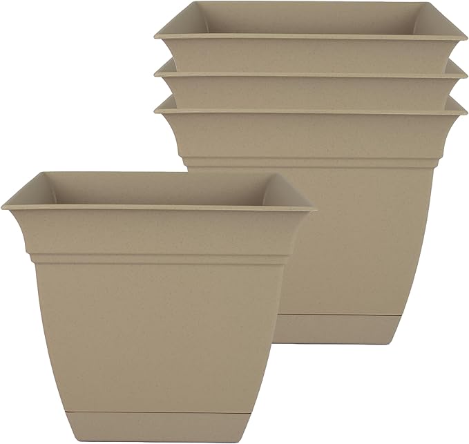 The HC Companies 8 Inch Eclipse Square Planter with Saucer – Indoor Outdoor Plant Pot for Flowers Vegetables Herbs, Sandstone (Pack of 4)