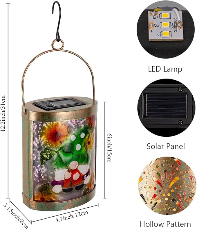 Starsoul 2 Pack Hanging Solar Lantern Outdoor Waterproof Glass Gnome and Sunflowers Decorative Solar Lights for Outside Garden Yard Table Patio Decor